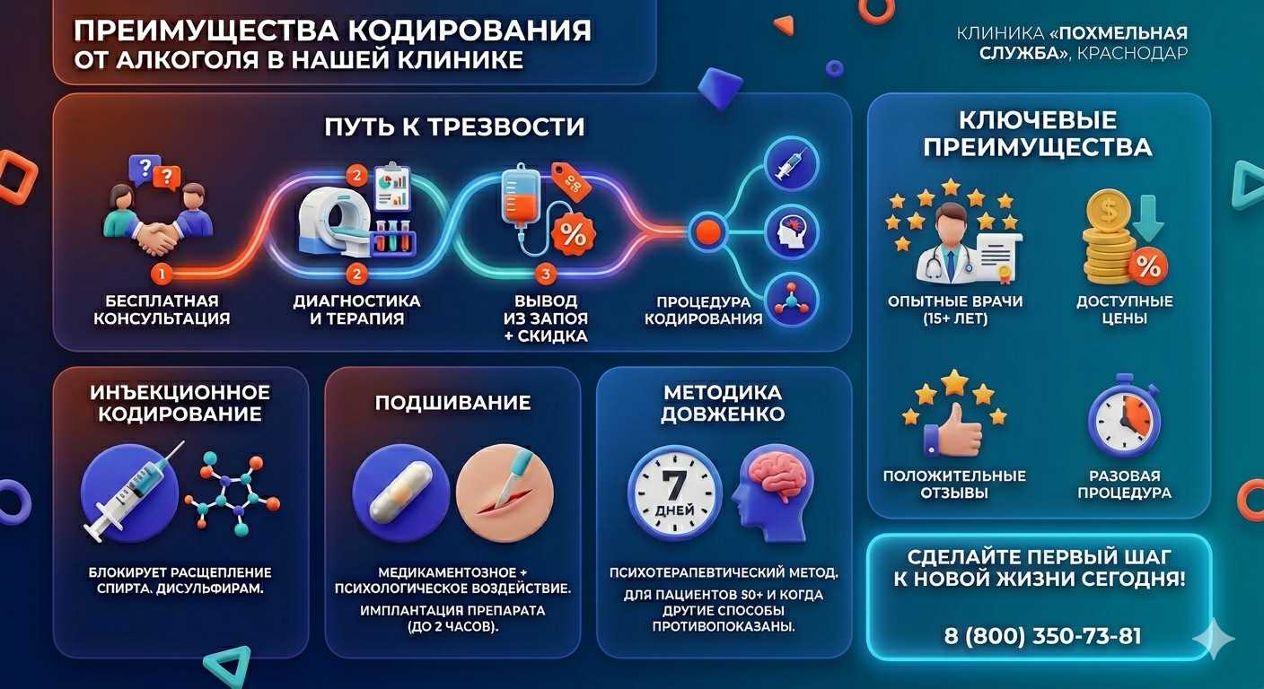 Инфографика о методах кодирования от алкоголя в Пшехской: инъекции, подшивание, метод Довженко. Преимущества клиники и этапы лечения.