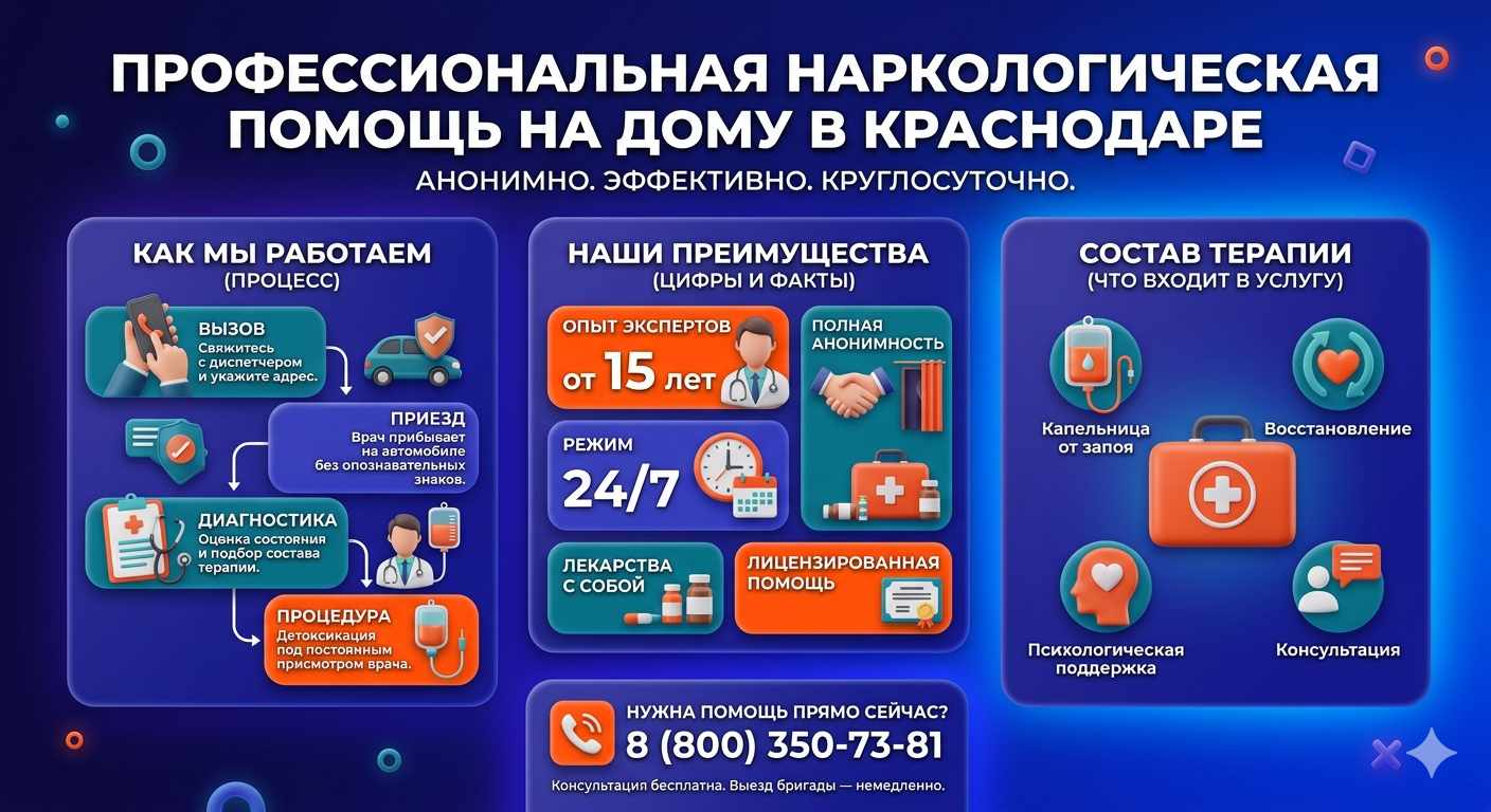 Инфографика о принципах лечения алкоголизма на дому в Пшехской: этапы вызова нарколога, преимущества анонимной детоксикации и состав медицинской помощи.